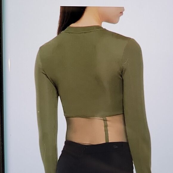 BRAND NEW LONG SLEEVES MESH INSERT HIGH NECK SOLID SHEER THONG SNAP BODYSUIT - Picture 14 of 15